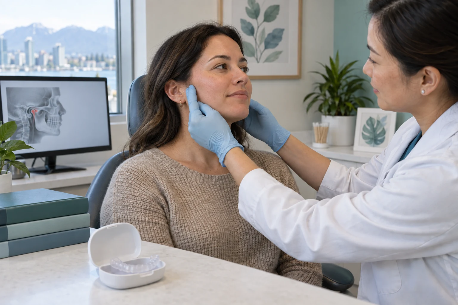 Clinician assessing a patient's jaw for TMJ care