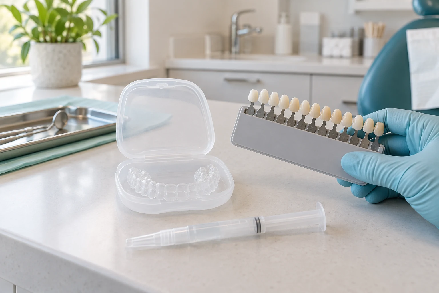 Professional teeth whitening tray and shade guide
