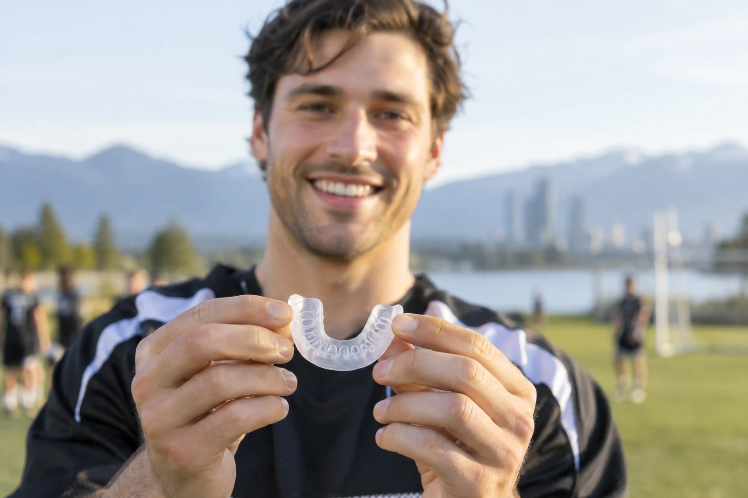 Athlete holding a custom sports mouthguard