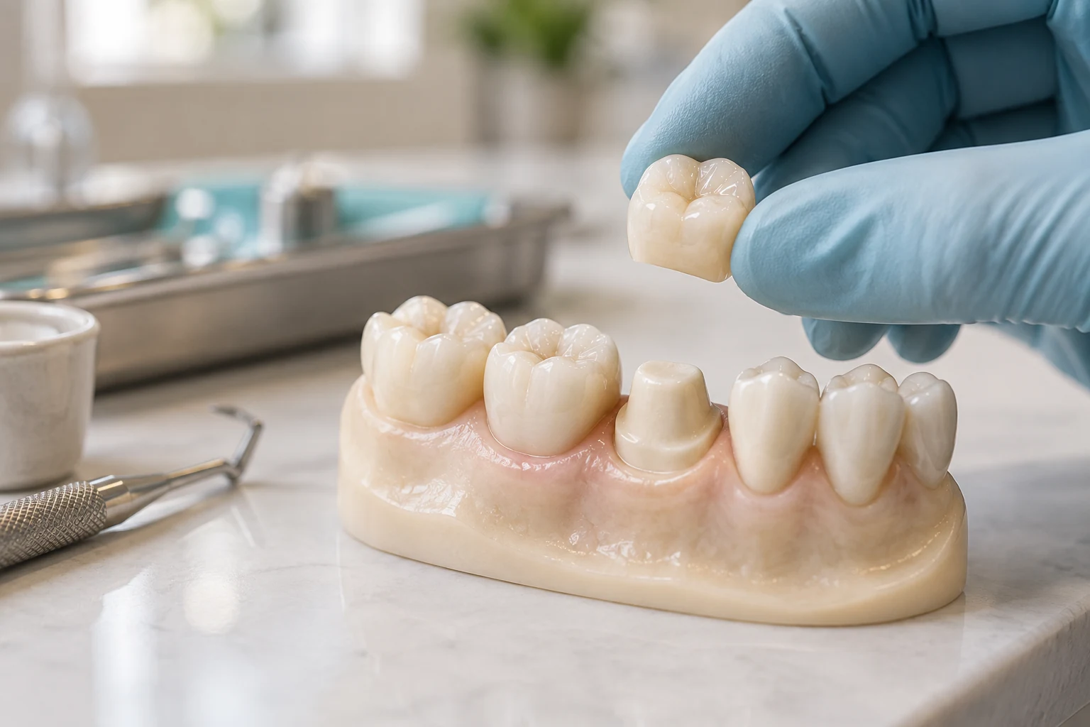 Ceramic crown restoration on a dental model