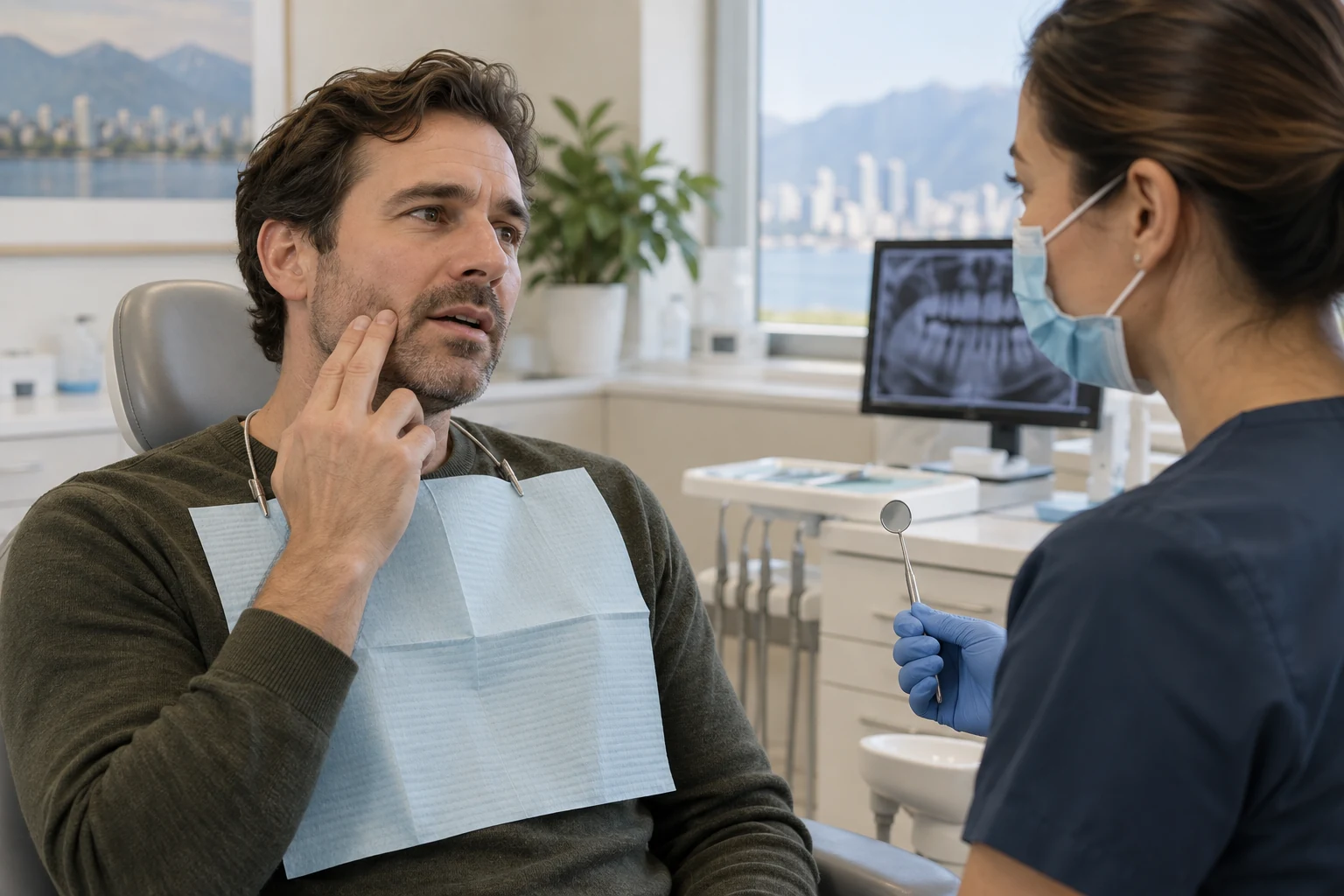 Patient describing a sore tooth to a dentist