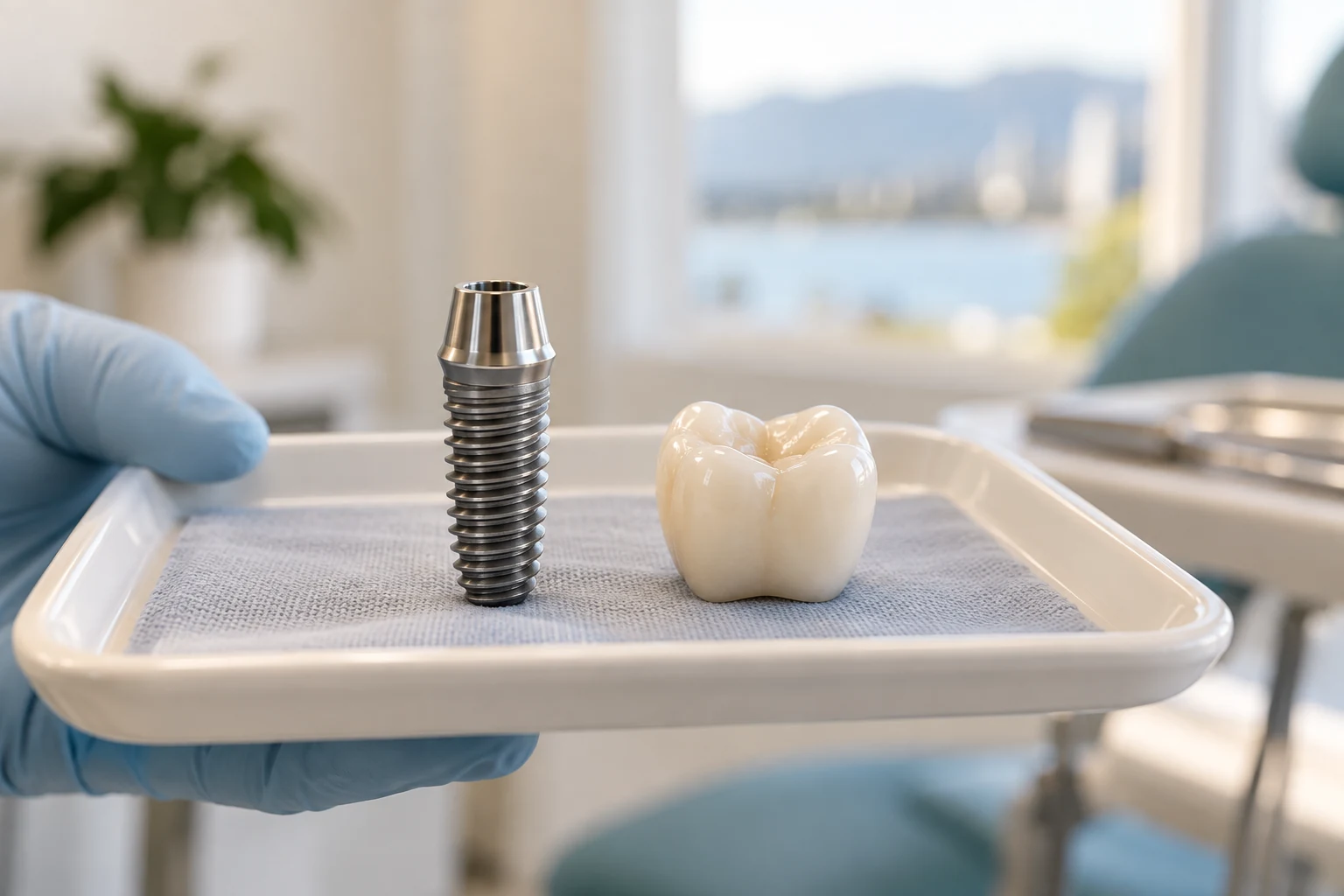 Dental implant and crown on a clinical tray