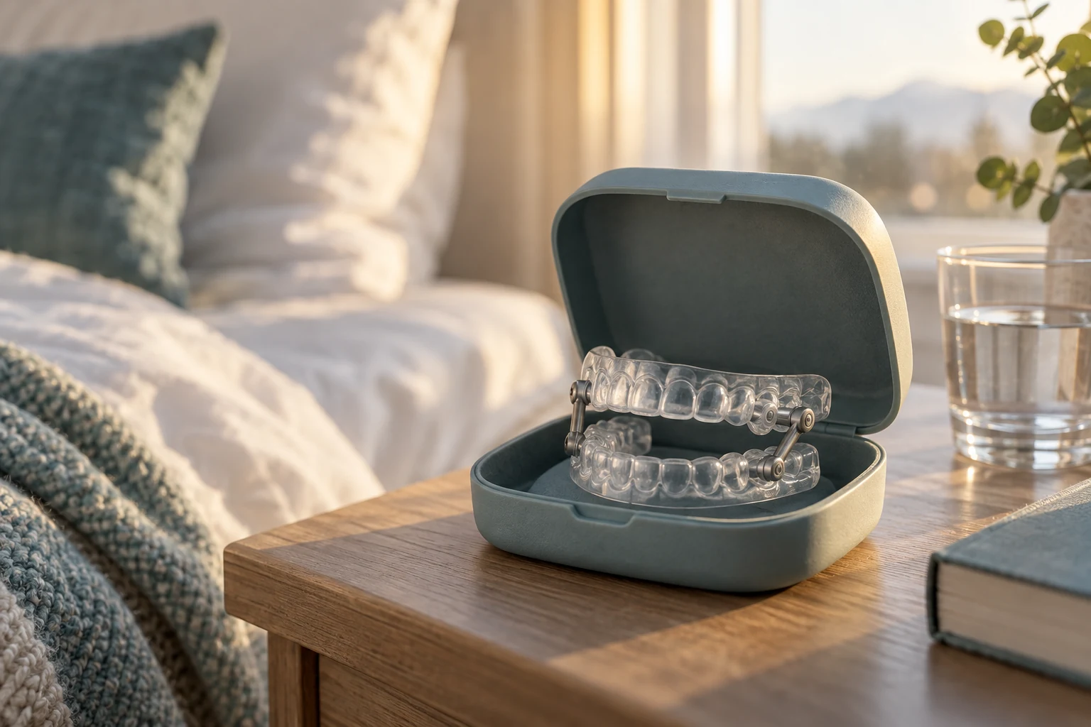 Custom oral sleep appliance in its case